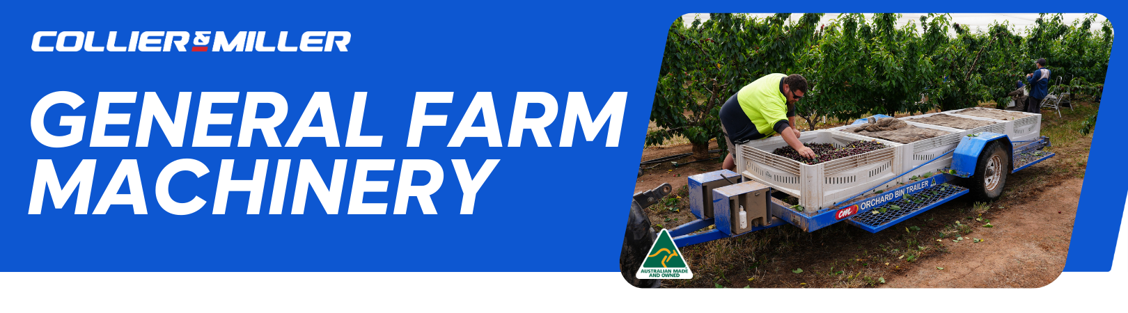 <p>Collier &amp; Miller have a huge range of high-quality farm implements and machinery designed to maximise productivity and efficiency. Our <a href="/cmgb-c-m-s-steel-grape-bin-6-tonne-tractor-remote-hydraulics-collier-miller-grape-gondola">Grape Gondola Bin</a> streamlines your grape harvest with high-capacity performance, while our <a href="/agriculture/candm-farm-machinery/general-farm-machinery?FilterFeature=ProductFeatureNames.Name:eq:Type,Value:eq:Implement%20Trailer&amp;PageProduct=1">Implement Trailers</a> provide safe and reliable transport for essential farm equipment. The <a href="/cmnb-c-m-n-buggy-4500-fertiliser-auger-dispenser">N Buggy</a> ensures precise, unattended fertiliser dispensing into irrigation systems, optimising crop nutrition. Our <a href="/cmtr-c-m-single-tyne-deep-ripper-tree-line-trailing-ripper">Single Tyne Deep Ripper</a> improves soil health by breaking up compaction and tree roots, expanding usable cropping land. Plus, our new and innovative <a href="/cmtre-c-m-trash-rack-elevator">Trash Rack Elevator</a> keeps irrigation channels clear, ensuring pumps operate at peak efficiency. Discover durable, high-performance farming solutions to enhance your operation.</p>